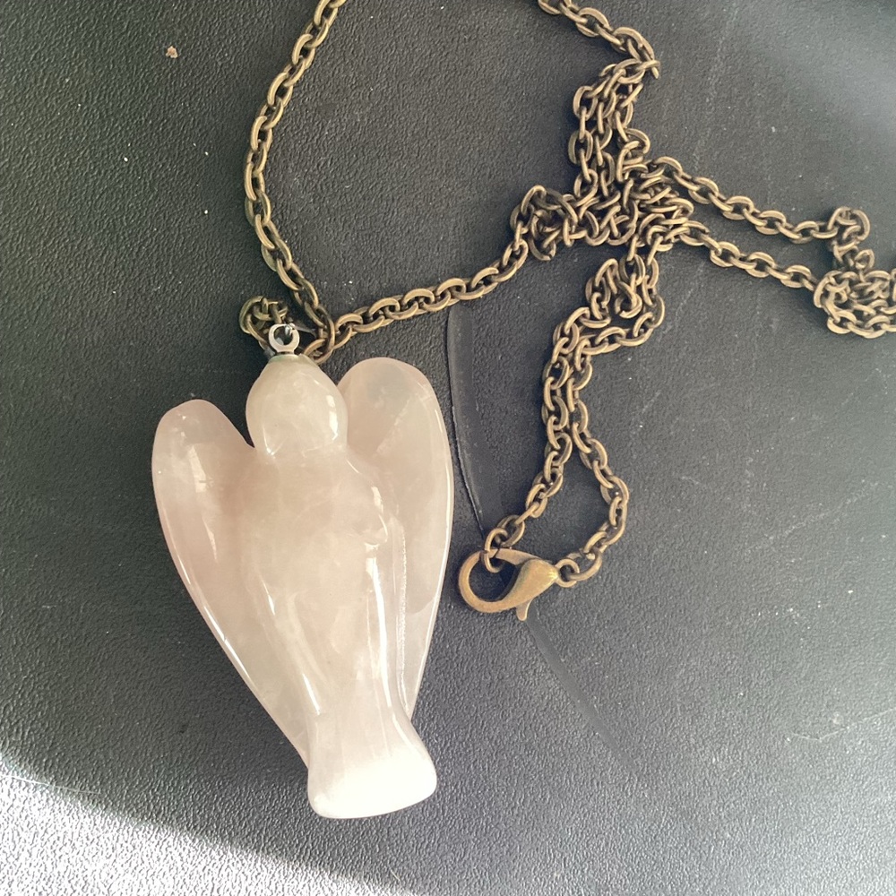 Rose Quartz Protective Angel on antiqued Bronze Chain